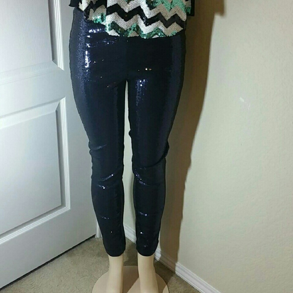 Navy blue Sequin stretch pants Sz SMALL Dress up Party leggings